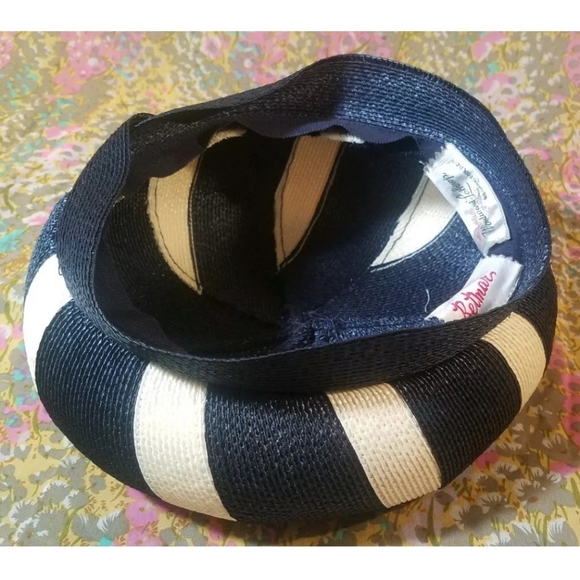 Vtg Blue and White Striped Straw Hat - Woodward & Lothrop Washington D.C. Sz 6 - Picture 10 of 13